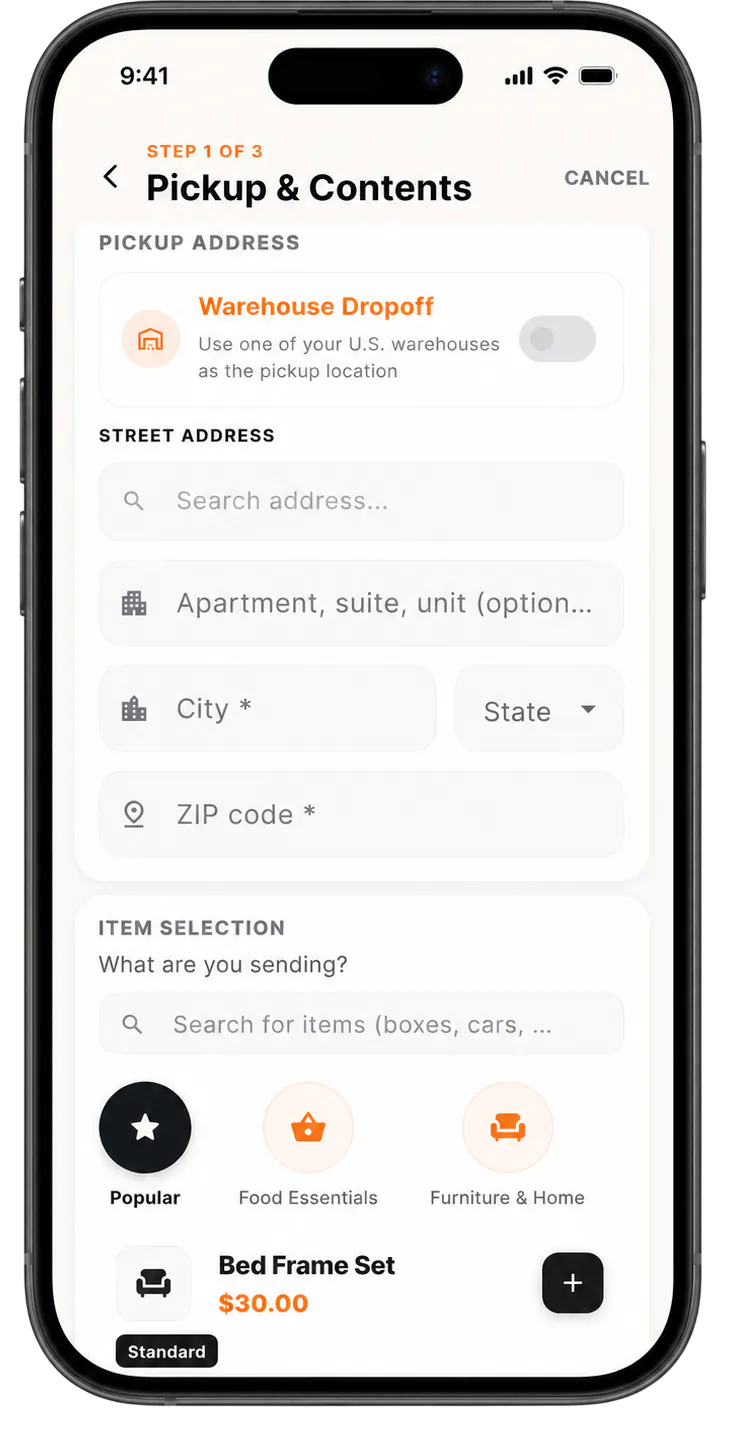 Create shipment screen in the Ntempa Business app