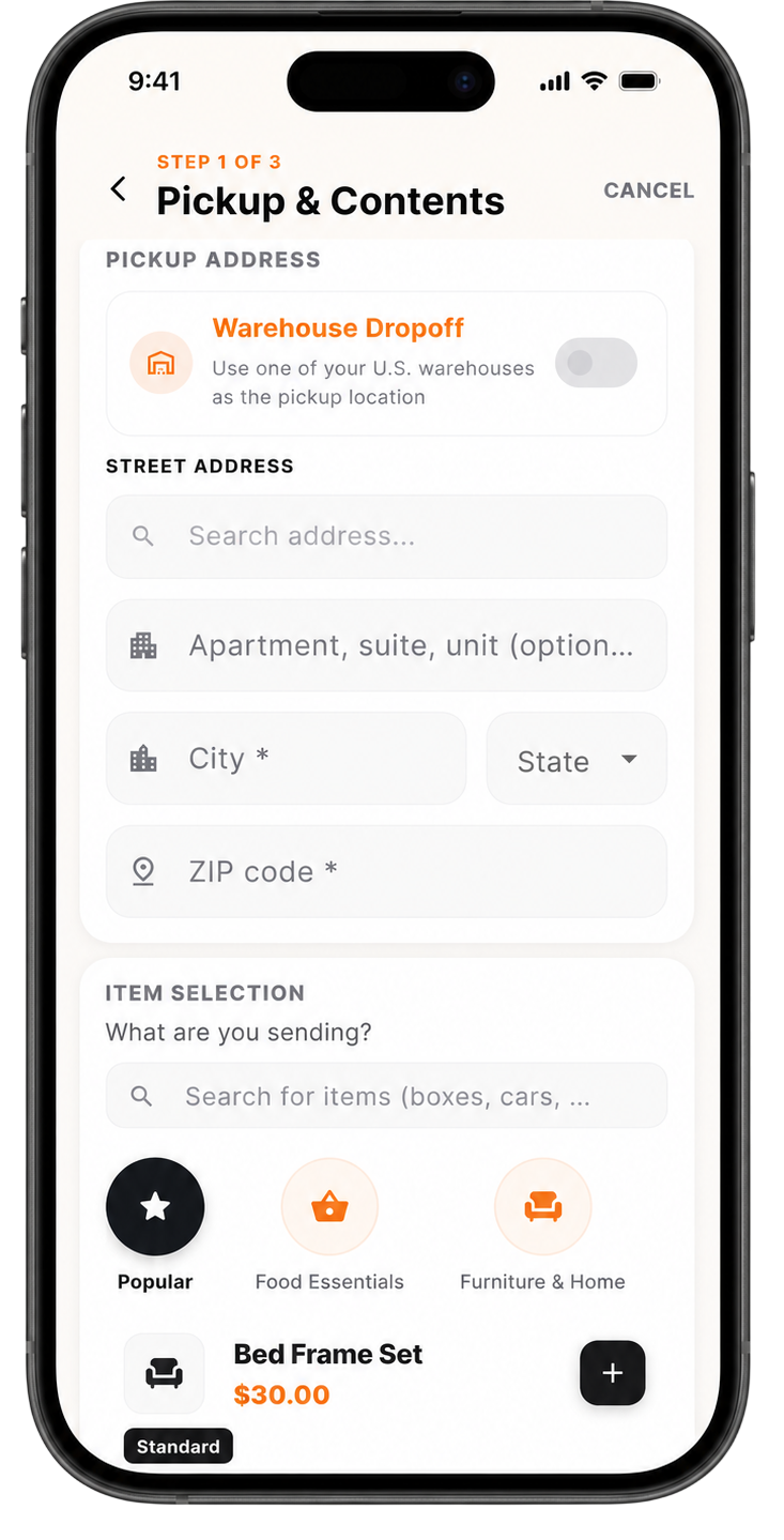 Create shipment screen in Ntempa app